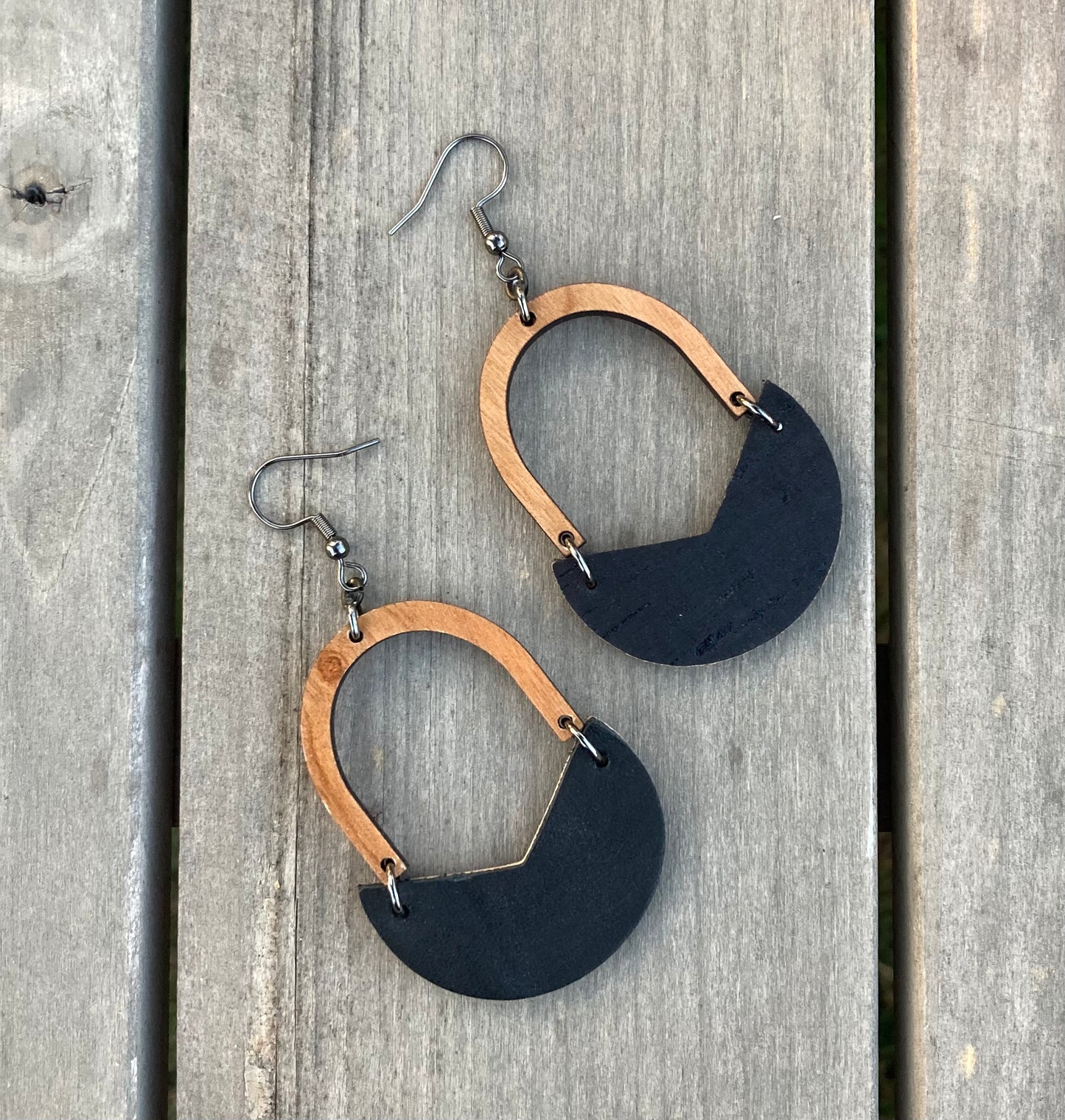 Solid Black Cork on Leather Earrings