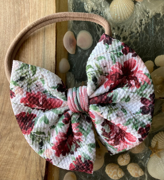 Red Floral Nylon Headband Hair Bow