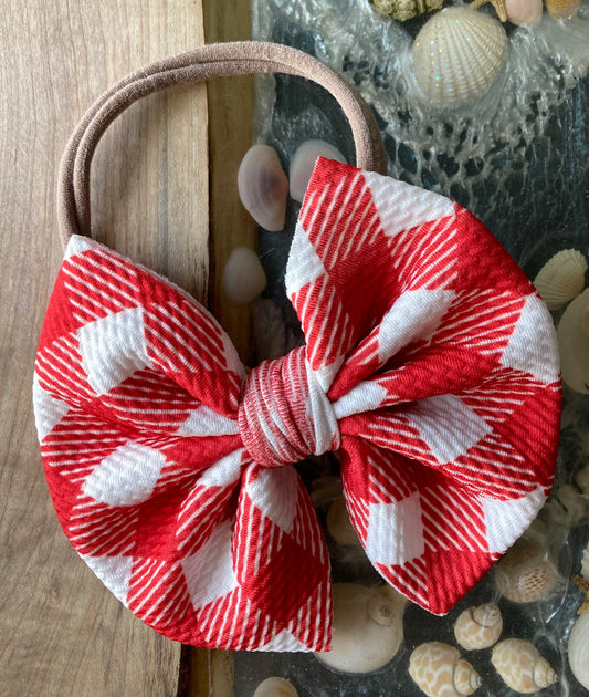 Red Checkered Nylon Headband Hair Bow