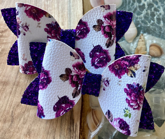 Purple Glitter Floral Vegan Leather Hair Bow